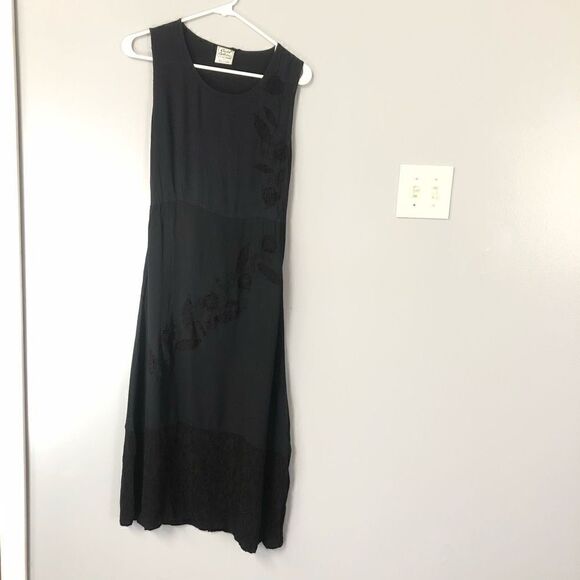 vintage 90s y2k long black dress embroidered tie back waist slit sides size medi - Picture 1 of 13